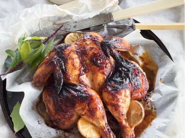 Butterflied barbecue chipotle chicken with herby sour cream