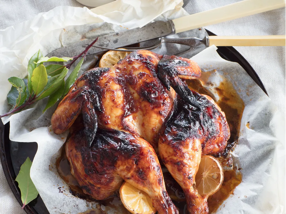 Butterflied barbecue chipotle chicken with herby sour cream