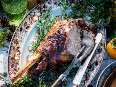 Roasted leg of lamb with rosemary and mustard marinade