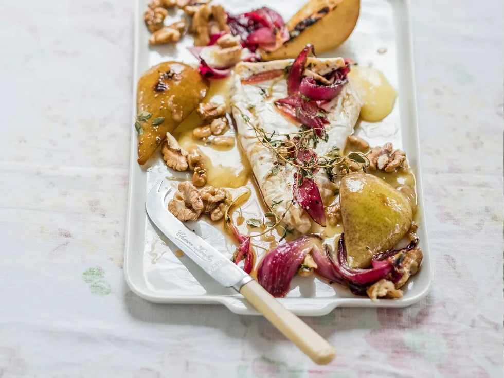 Caramelised baked pear and brie