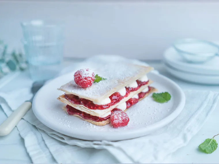 Vanilla yoghurt and berry mille-feuilles