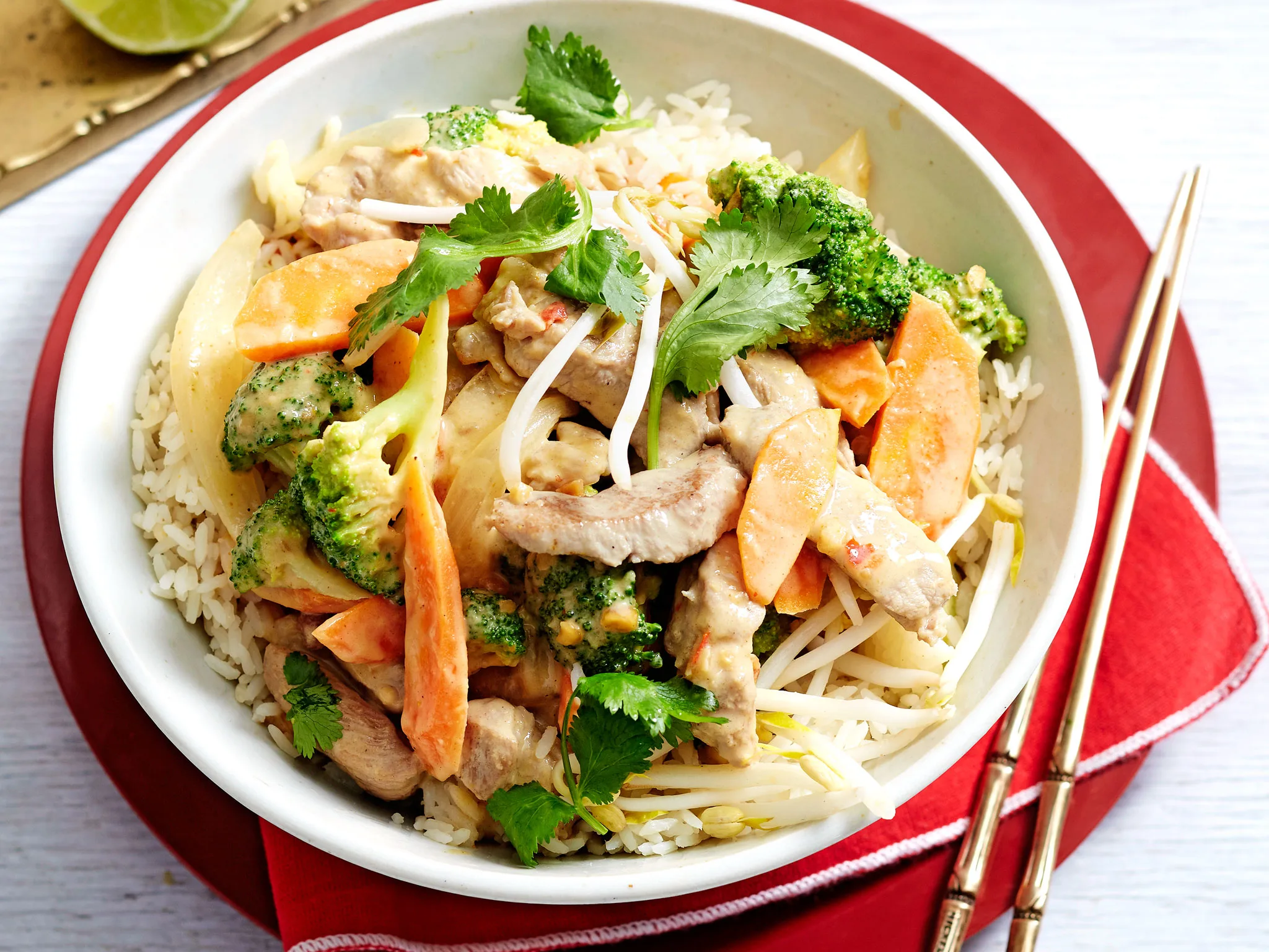 Satay pork and broccoli stir-fry with rice