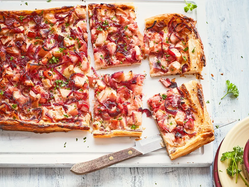 Easy apple and red onion tart with mustard crème fraîche