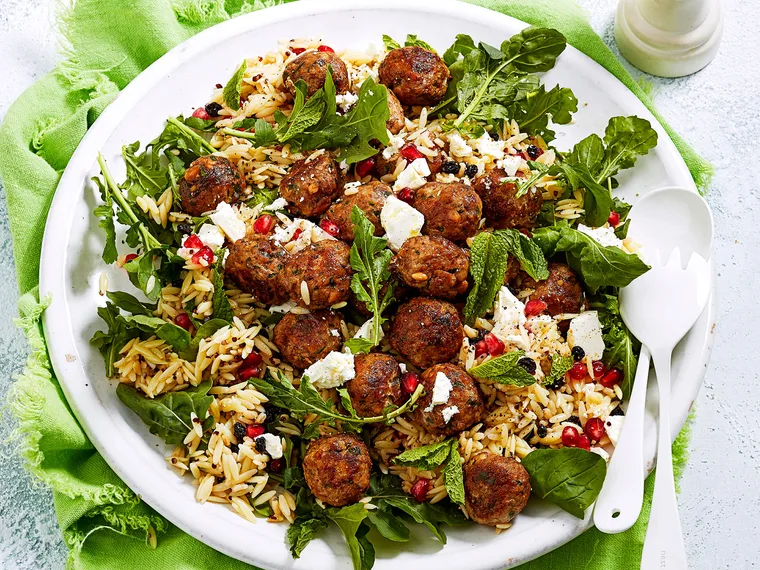Moroccan veal meatballs with risoni pasta salad