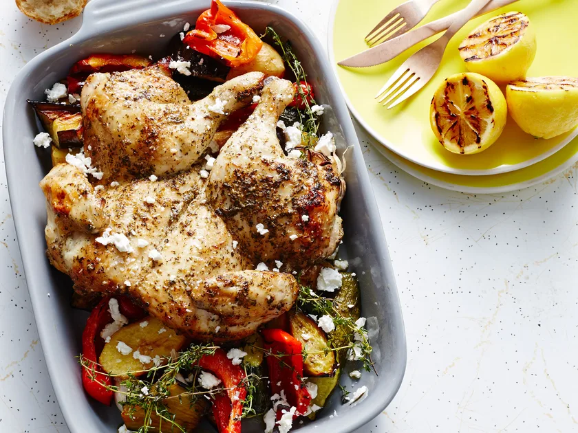 Butterflied Greek roast chicken with vegetables and feta