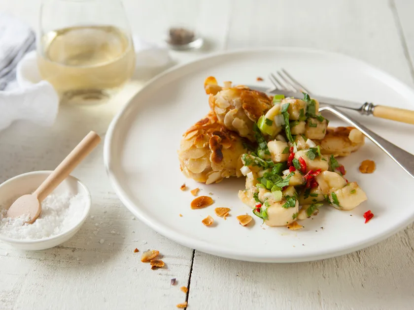 Almond-crumbed chicken with banana chilli salsa