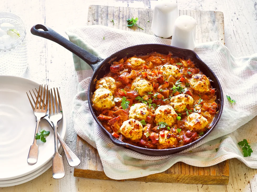 Pork, leek and cider stew with parsley dumplings