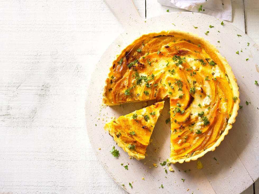 Pumpkin, spinach and basil tart