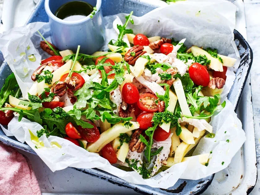 Parsnip ‘penne’ and chicken salad