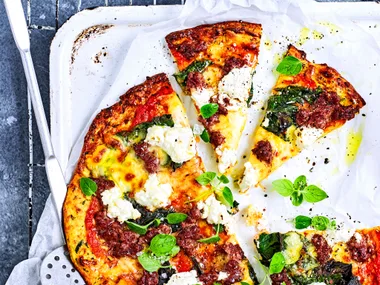 Spicy lamb and silverbeet courgette pizza