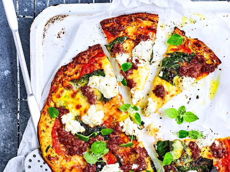 Spicy lamb and silverbeet courgette pizza