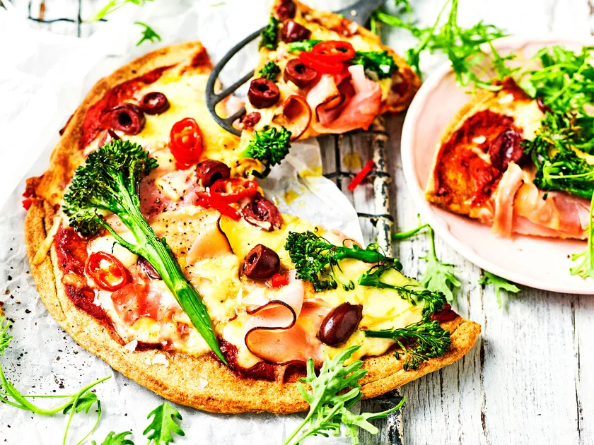 Ham and broccolini quinoa pizza