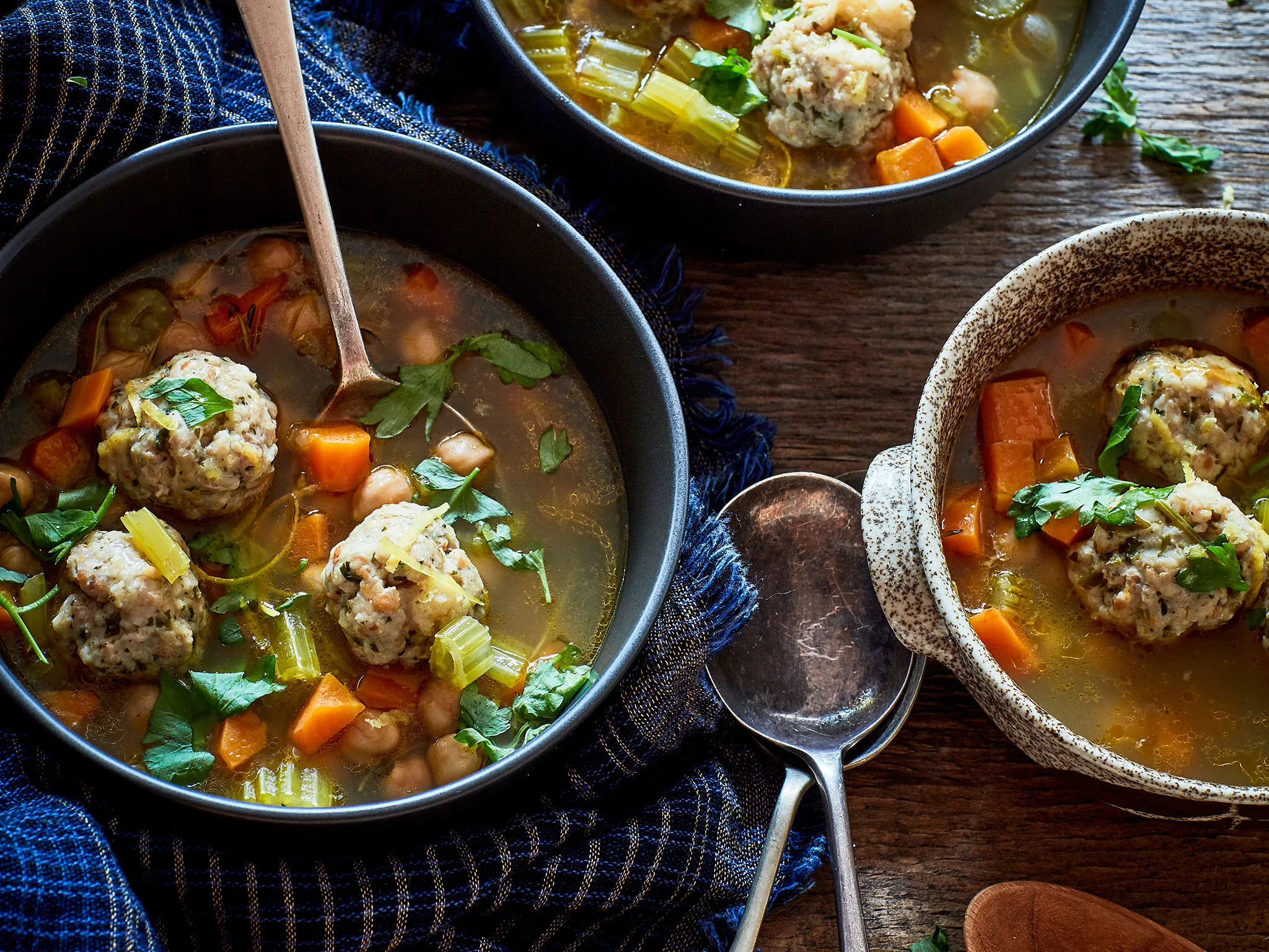 Lemony chicken meatball soup with chickpeas and thyme