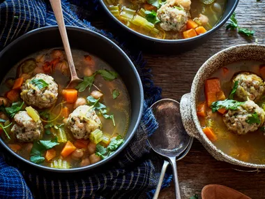 Lemony chicken meatball soup with chickpeas and thyme
