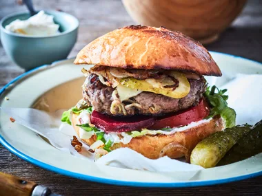 Dad’s beef and onion cheeseburgers
