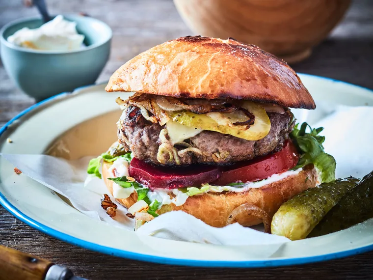 Dad’s beef and onion cheeseburgers