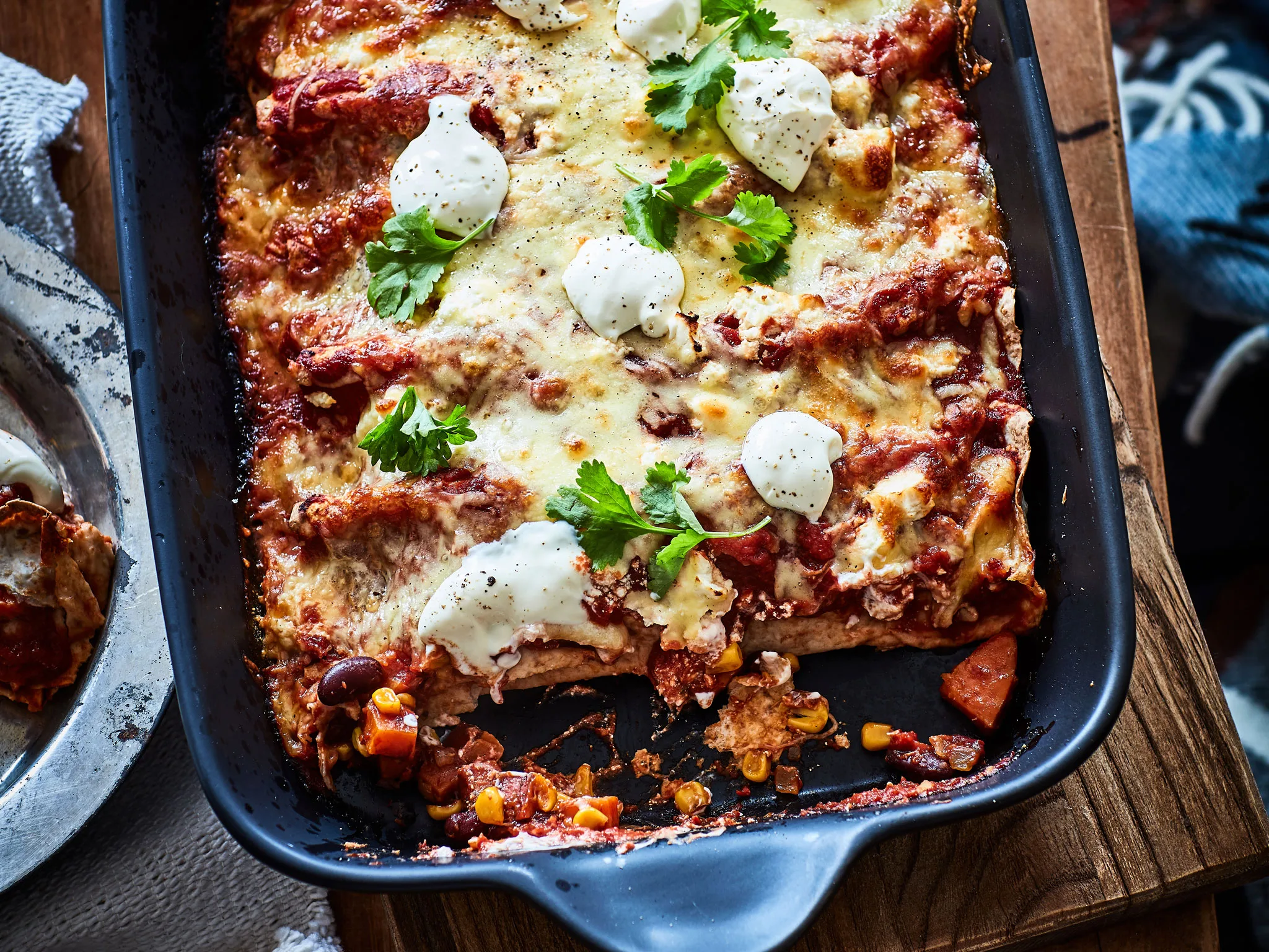 Bean, corn and kumara enchiladas