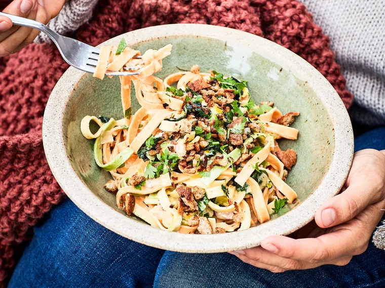 Winter veg and bacon carbonara with pangritata