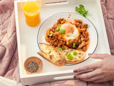 Smoky mince and beans with baked eggs