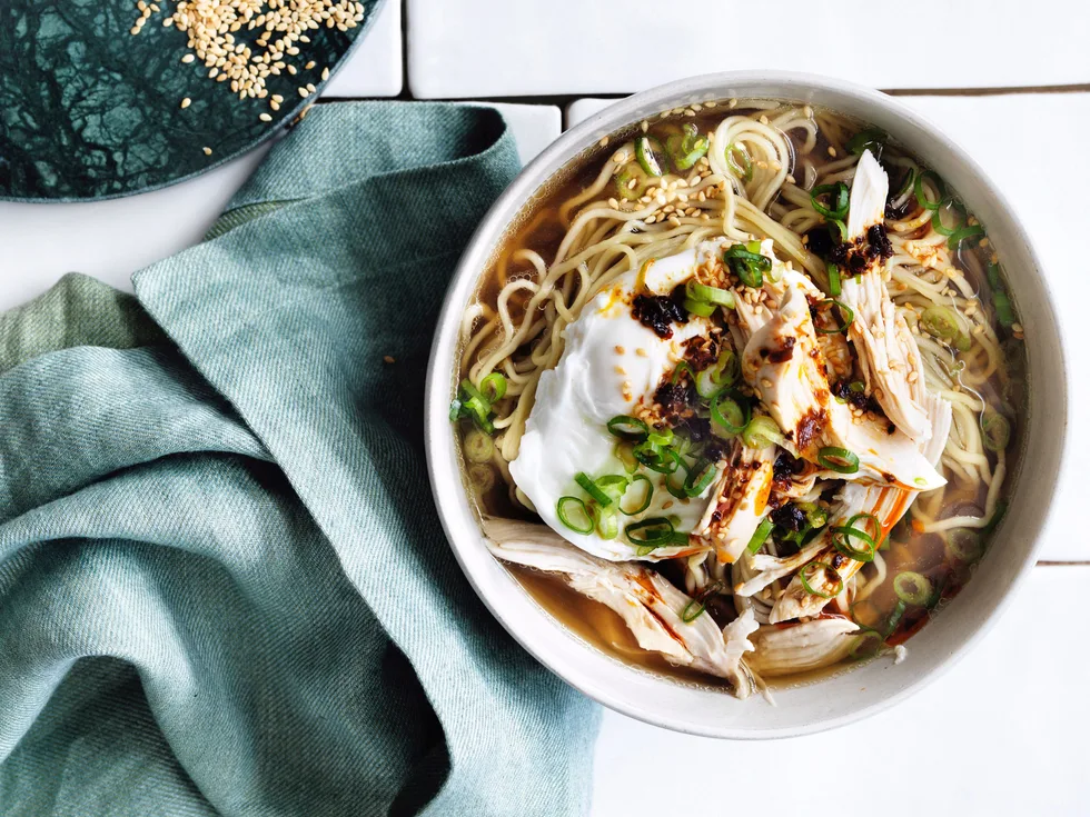 Chicken and egg noodle soup with ginger and chilli