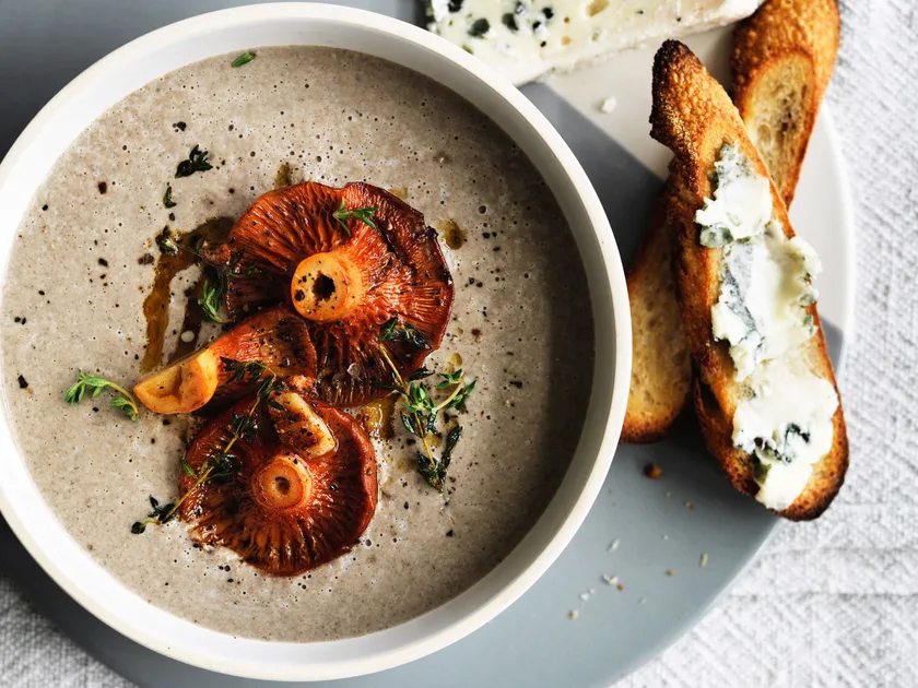 Mushroom and thyme soup with roquefort croutons
