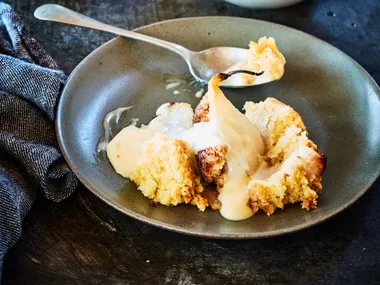 Honeyed pears with ginger sponge