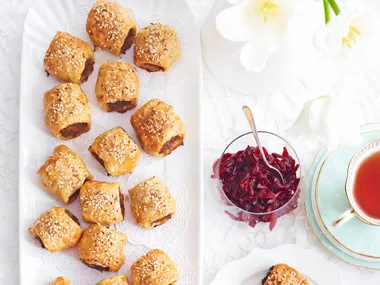 Harissa lamb sausage rolls with beetroot relish