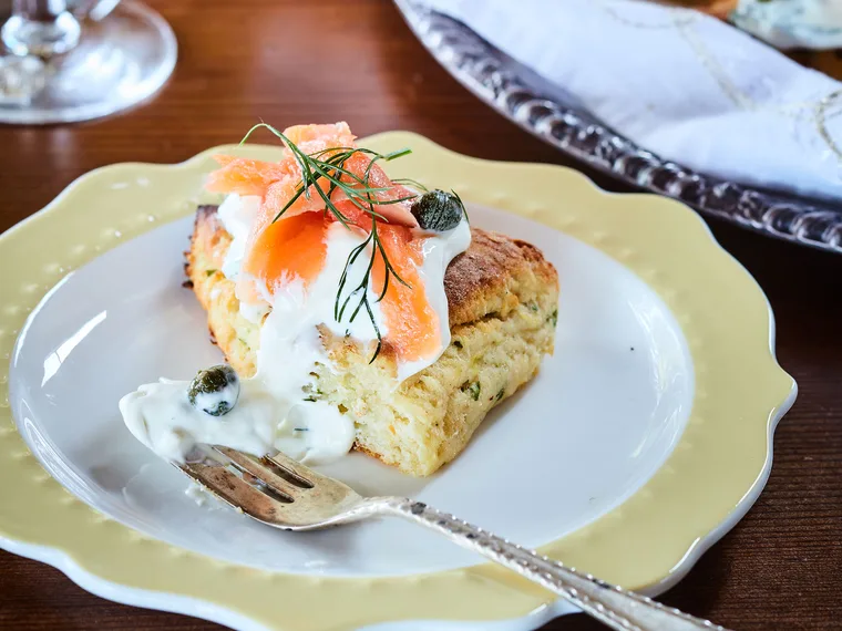 Tatie scones with smoked salmon and dill cream