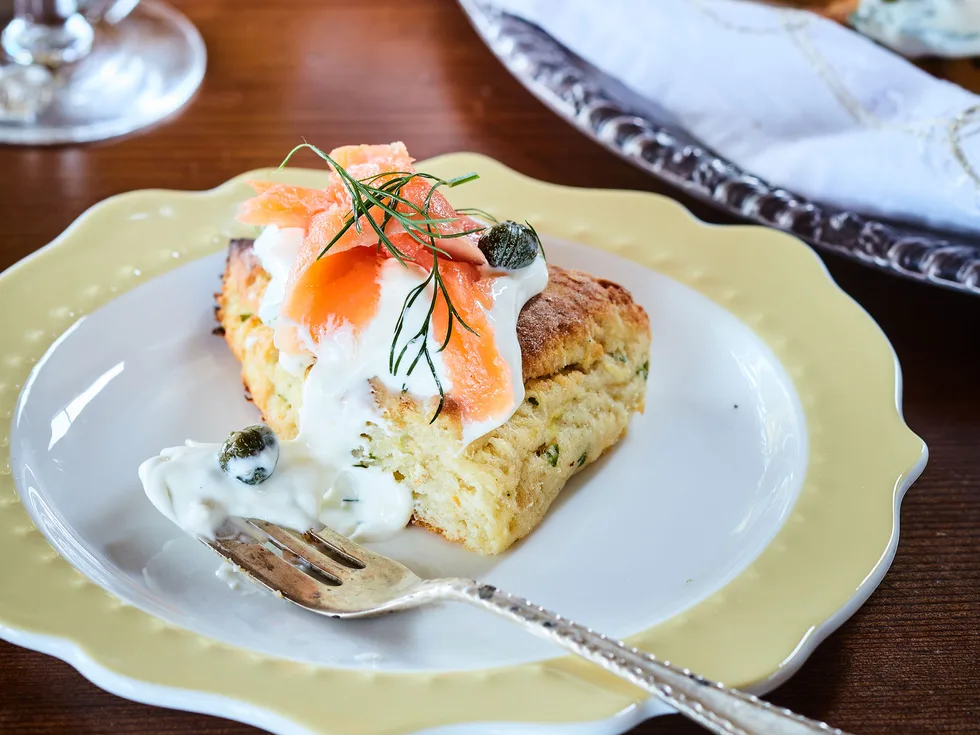 Tatie scones with smoked salmon and dill cream