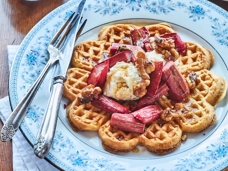 Waffles with roasted rhubarb, walnuts and maple syrup