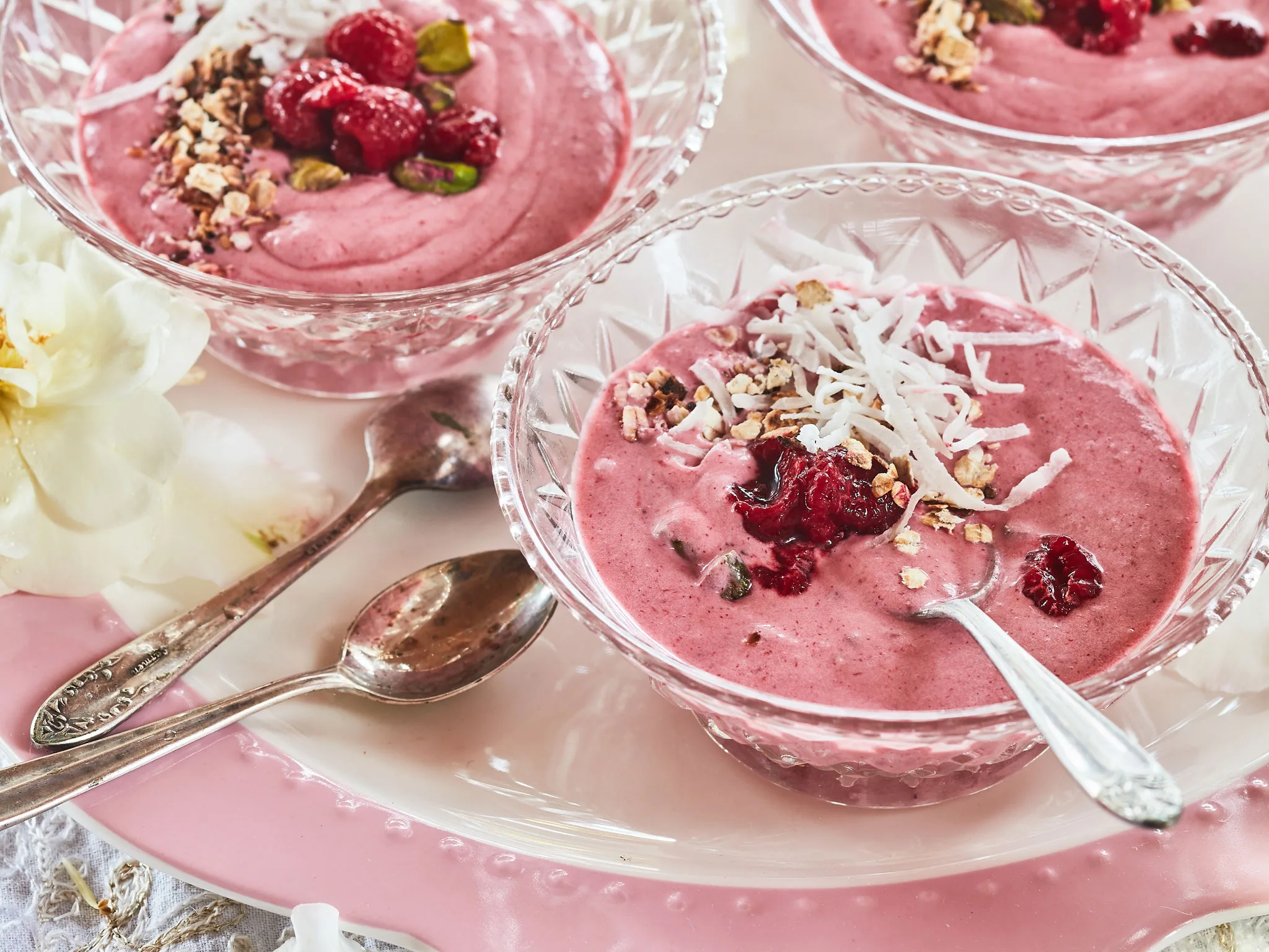 Rose water raspberry smoothie bowl with honeyed oats