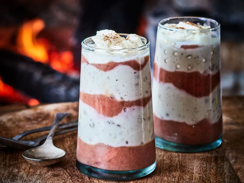 Rhubarb and apple coconut sago puddings