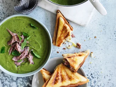 Split pea and ham soup with ham and cheddar toasties