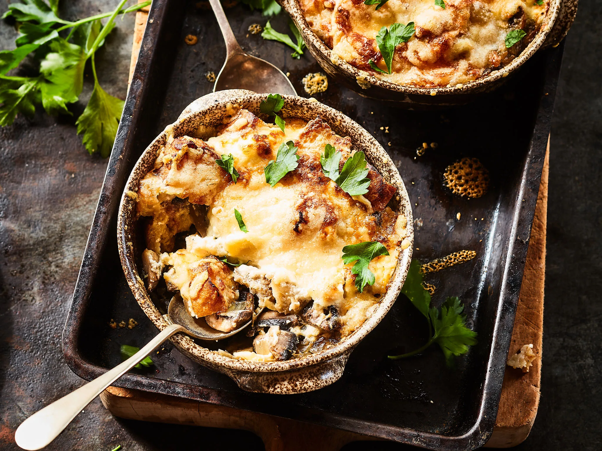 Mushroom bread and butter puddings