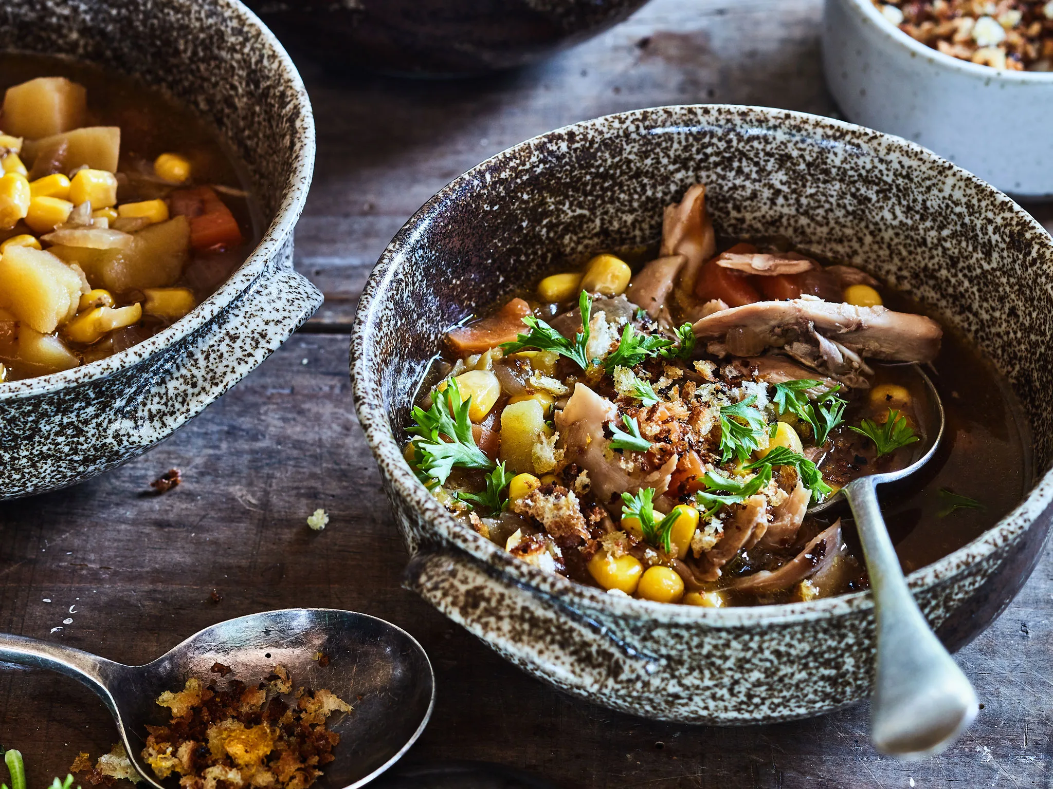 Chicken and corn with thyme crumbs