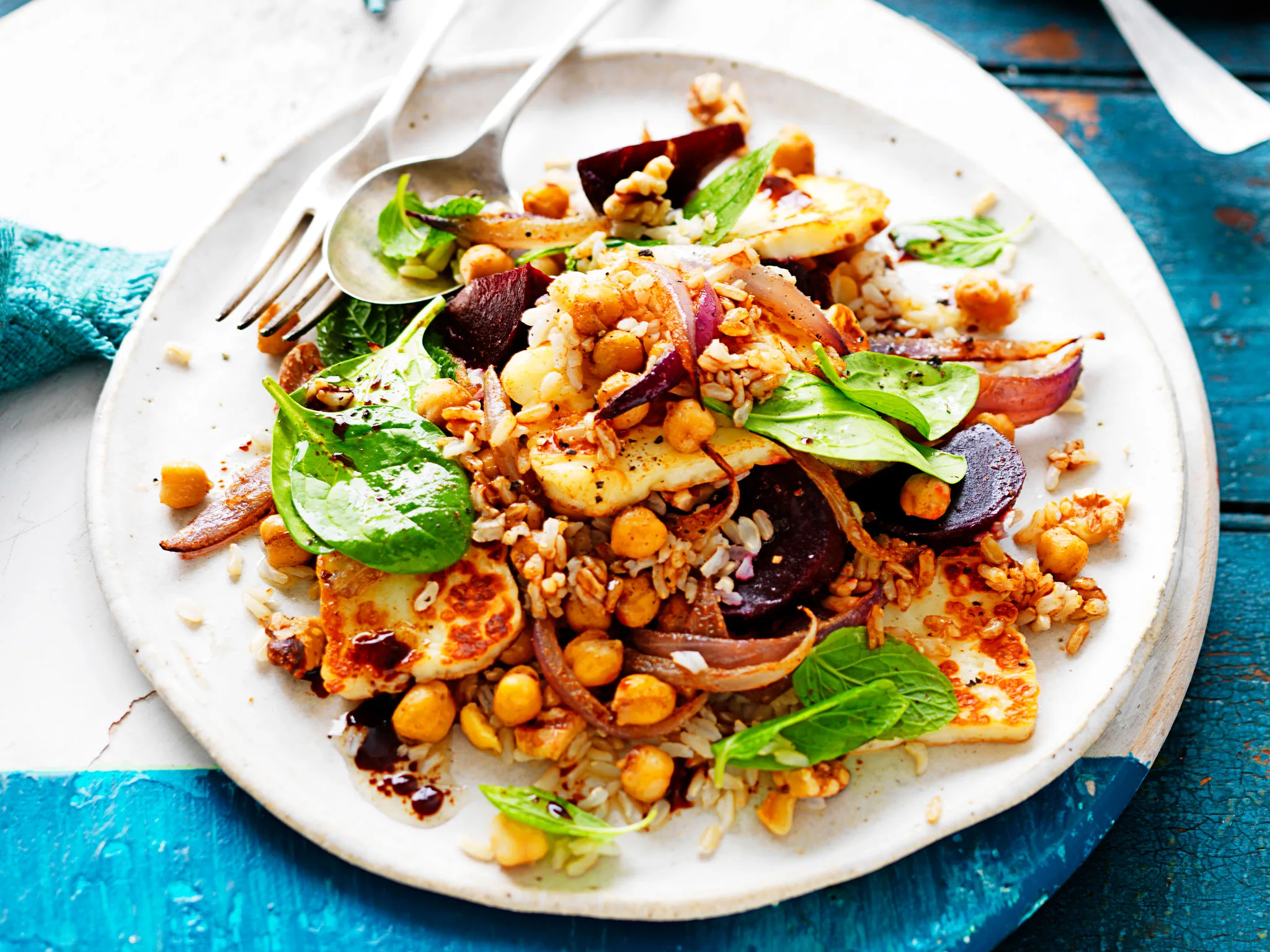 Beetroot, haloumi, chickpea and rice winter salad