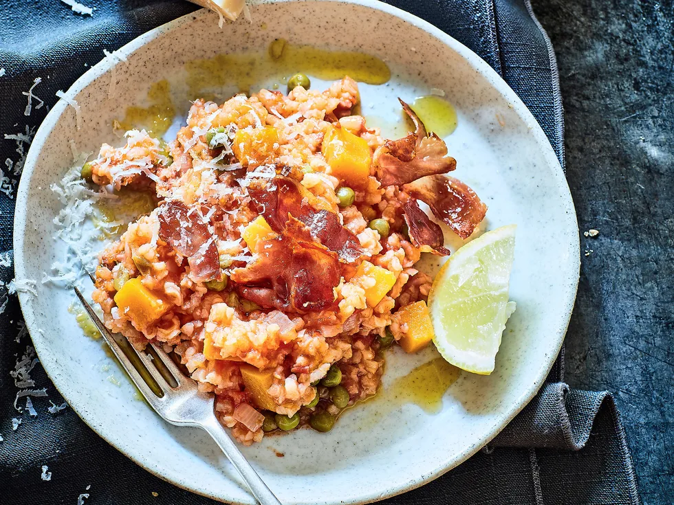 Pumpkin, pea, prosciutto and pecorino rice