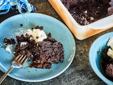 Chocolate espresso pudding with whisky caramel sauce