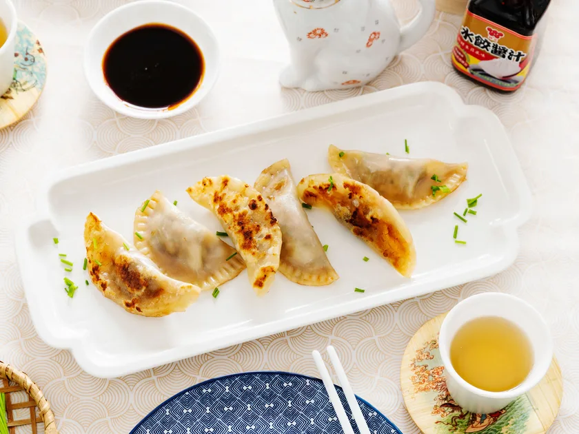 Pork and chive potsticker-style dumplings