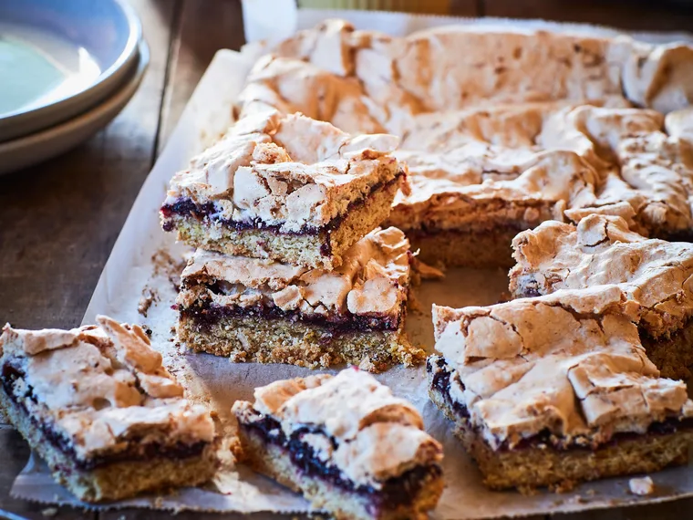 Orange-scented tamarillo and walnut meringue slice