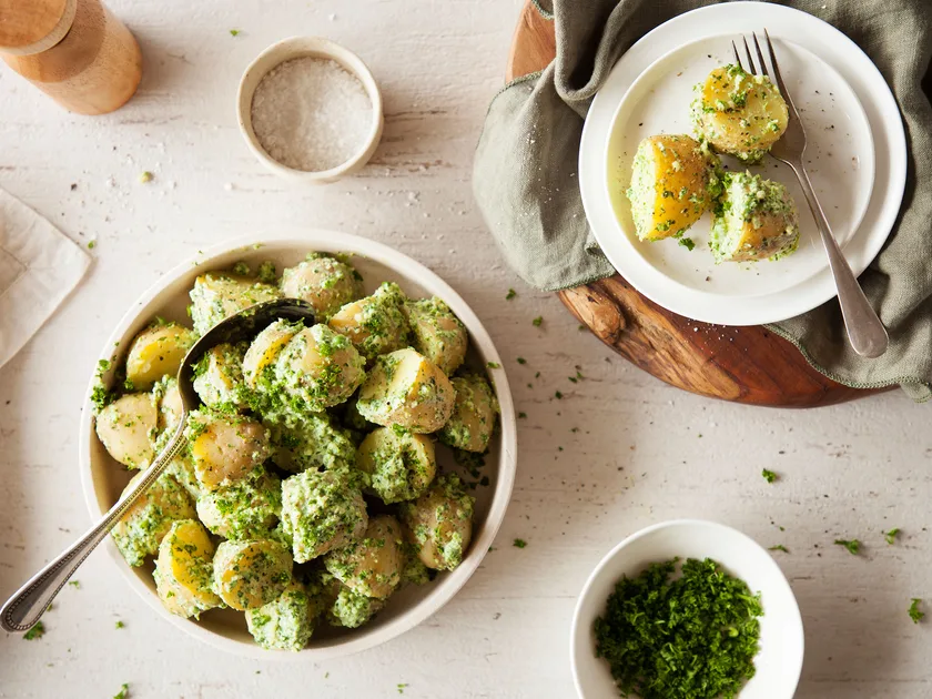 Chunky yoghurt, mint and parmesan potato salad