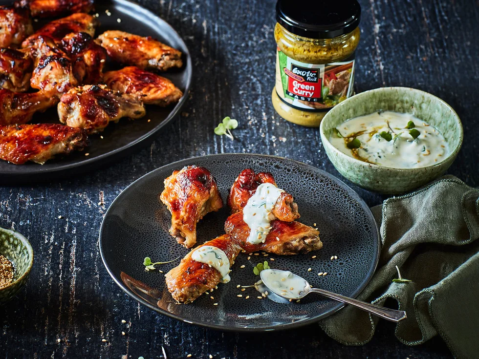 Green curry yoghurt dip with sticky chicken nibbles