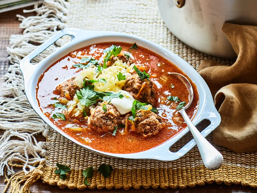 Romanian ciorba de perisoare (sour meatball soup) with sauerkraut