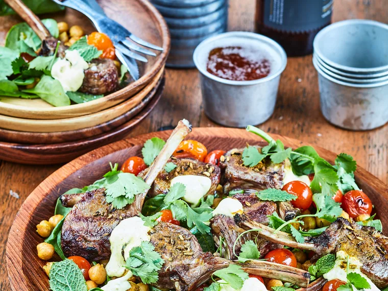 Spiced lamb cutlets with crispy chickpeas