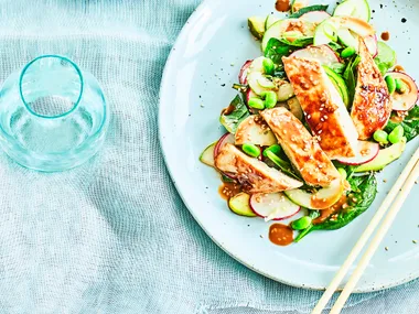 Miso and lemon-glazed chicken with Japanese sesame spinach and avocado salad