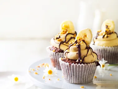 Banana chocolate cupcakes with peanut butter frosting