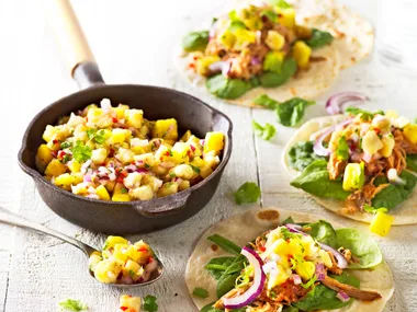 Pulled pork tacos with spicy banana salsa