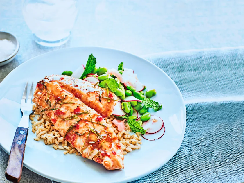 Lime and chilli-glazed fish with salad and brown rice