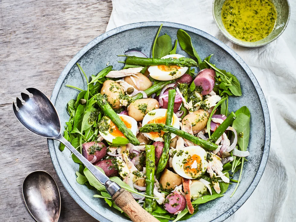 Asparagus, chicken, egg and new potato salad with herb dressing