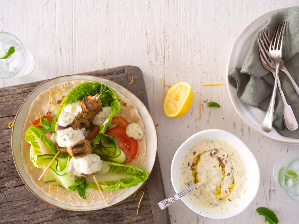 Easy lamb koftas with decadent lemon and mint hummus